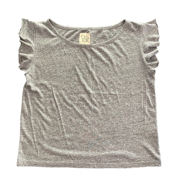 NWOT CHASER Gray Triblend Jersey Cropped Flutter Sleeve Open Neck Tee - Picture 5 of 7